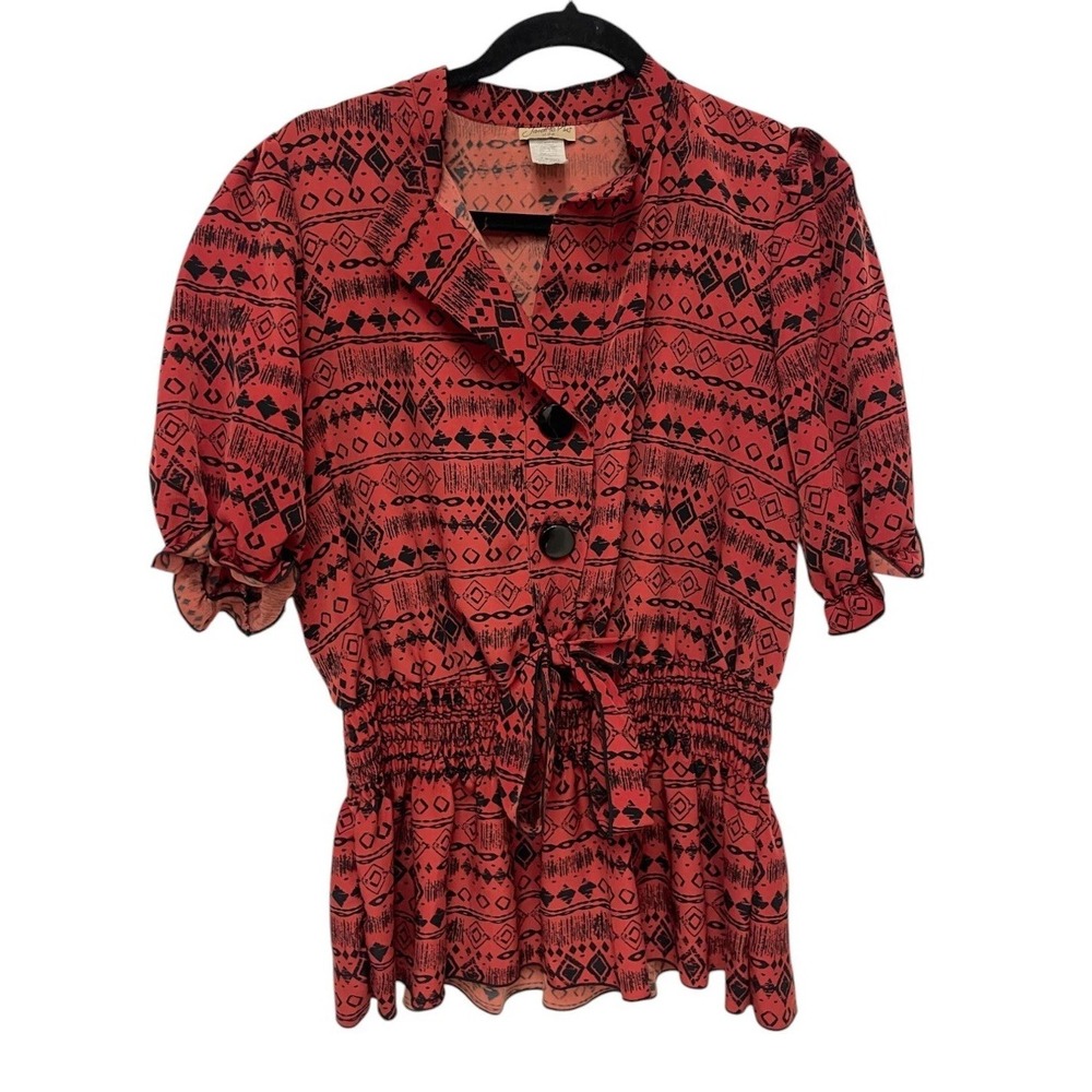 Janette Plus Red Geometric Button Front Peplum Blouse Womens 1XL Short Sleeve‎